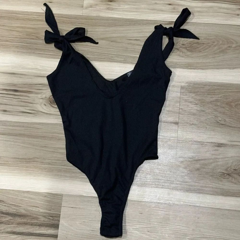 Missguided Black Tie Thong Ribbed Bodysuit Women’s 4